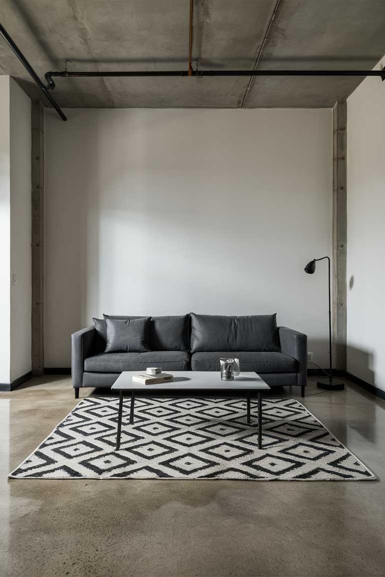 A minimalist living room with polished concrete floors, featuring a simple geometric rug in black and white under a sleek gray sofa.