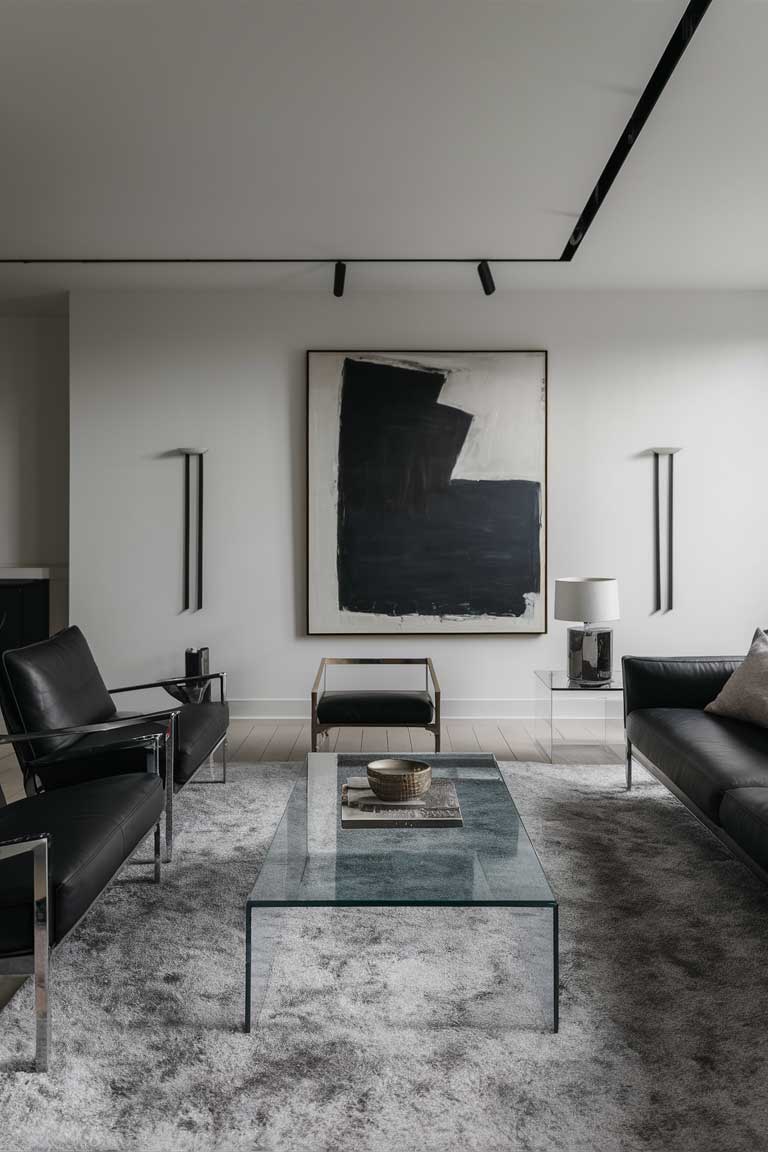 A minimalist living room with sleek black furniture, a glass coffee table, and a large abstract painting in shades of black and white. Minimalist lighting fixtures and modern decor pieces create a sleek and modern aesthetic.