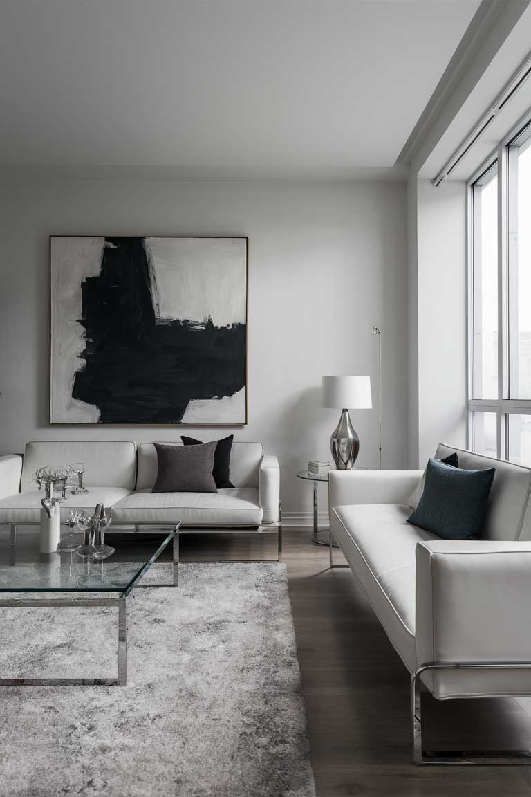 A minimalist living room with sleek white furniture, a glass coffee table, and a large abstract painting in shades of black and white. Minimalist lighting fixtures and modern decor pieces create a contemporary elegant aesthetic