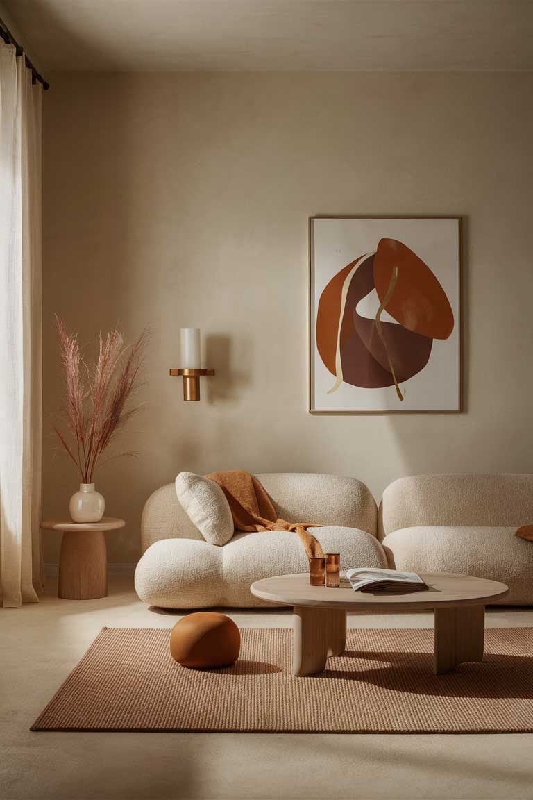 A minimalist living room with soft beige tones, a plush beige sofa, a simple wooden coffee table, and warm-toned decor pieces in shades of brown and gold.