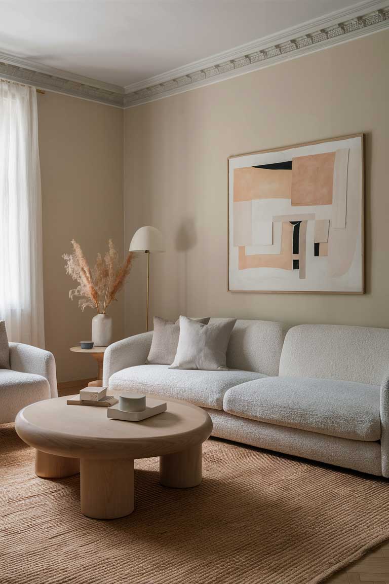 A minimalist living room with soft beige walls, a light gray sofa, a simple wooden coffee table, and neutral-toned elegant decor pieces.