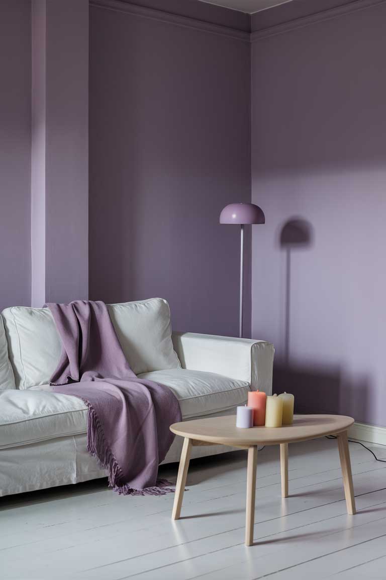 A minimalist living room with soft lavender walls, a white sofa draped with a pastel plum throw, and a light wood coffee table holding a few pastel-toned candles. The room is lit by a minimalist floor lamp in a complementary pastel hue, creating a cozy, intimate atmosphere.