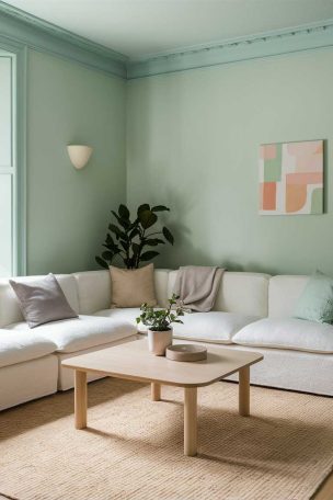 A minimalist living room with soft mint green walls, a white sectional sofa, and a light wood coffee table. Pastel-toned throw pillows, a potted plant, and a single abstract pastel artwork create a cohesive, serene atmosphere, inviting the viewer to relax and unwind.