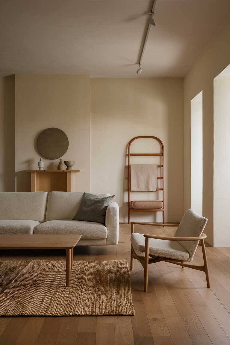 A minimalist living room with warm wood floors, a beige sofa, and a simple wooden coffee table. Minimalist decor pieces in warm wood tones add a cozy touch to the space.