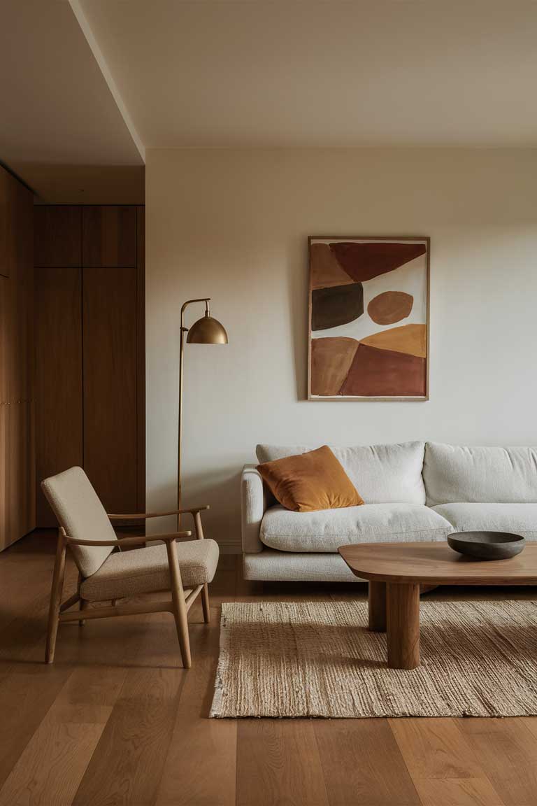 A minimalist living room with warm wood floors, a beige sofa, and a simple wooden coffee table. Warm-toned decor pieces in shades of brown and gold add a cozy touch to the space.