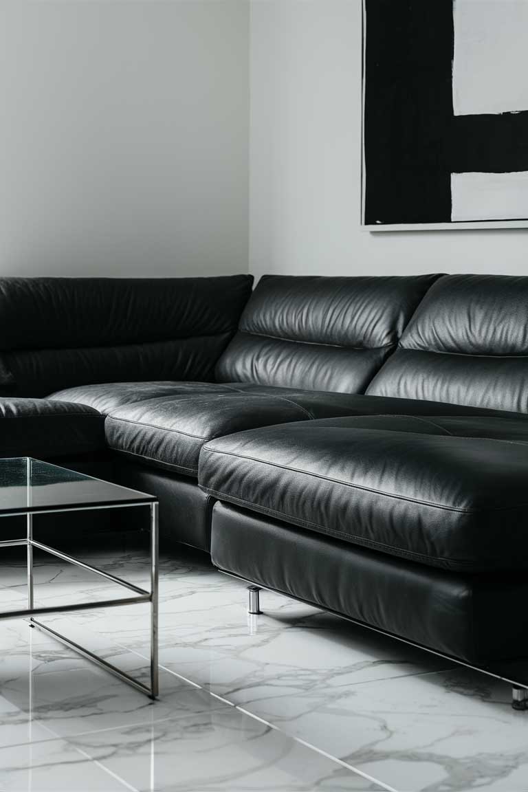 A close up of a minimalist living room with white marble floors, a large black leather sectional, and a single glass coffee table. A sleek black-and-white abstract paintings hang on the wall.