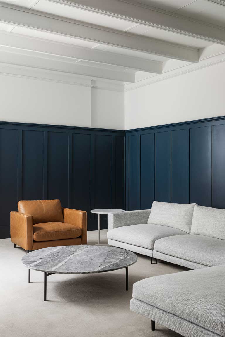 A minimalist living room with navy blue walls featuring a light gray low-profile sectional sofa. In front of the sofa is a round marble-topped coffee table with slim metal legs. A cognac leather armchair sits at an angle to the sofa, and a simple white side table stands between them. The furniture arrangement showcases clean lines and a mix of materials against the navy blue backdrop.