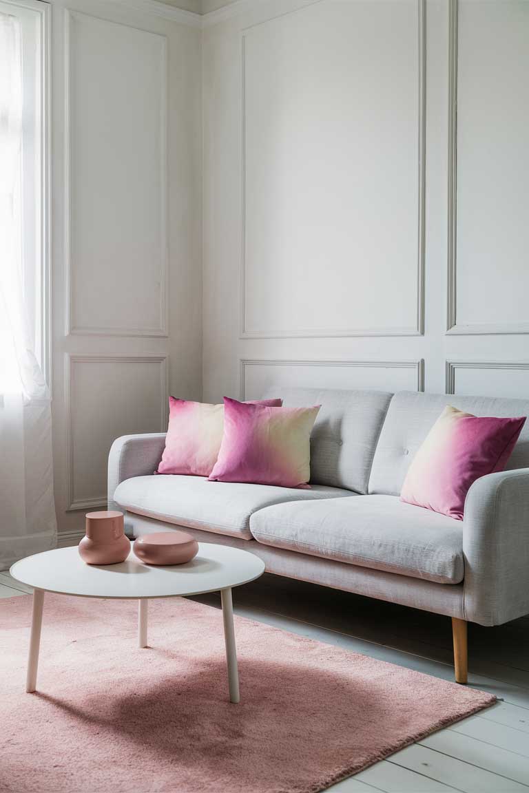 A minimalist living room with white walls and a light gray sofa, featuring pastel ombre-patterned cushions. A round, white coffee table holds a few pastel accessories, with a soft blush rug underfoot.