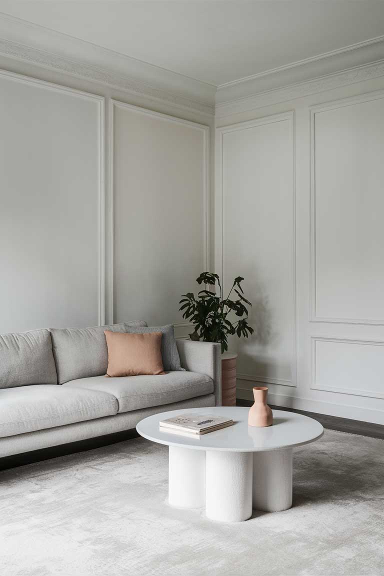 A minimalist living room with white walls, a light gray sofa, and a round, white coffee table. The space is sparsely decorated, with a few carefully placed pastel-toned accessories and a single potted plant, allowing the clean lines and natural light to take center stage.