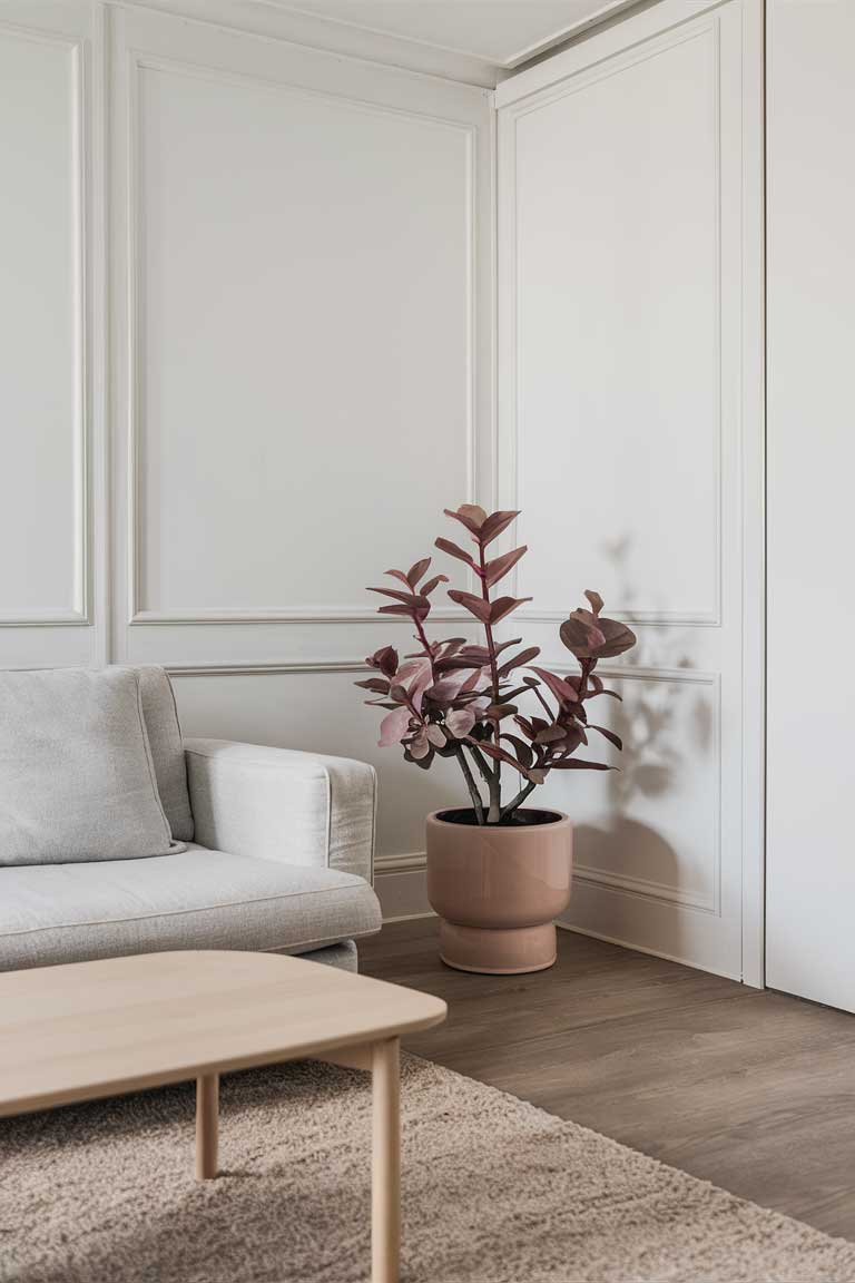 A minimalist living room with white walls, a light gray sofa, and a light wood coffee table. In the corner, a potted plant with pastel-toned leaves sits in a matching pastel ceramic planter.