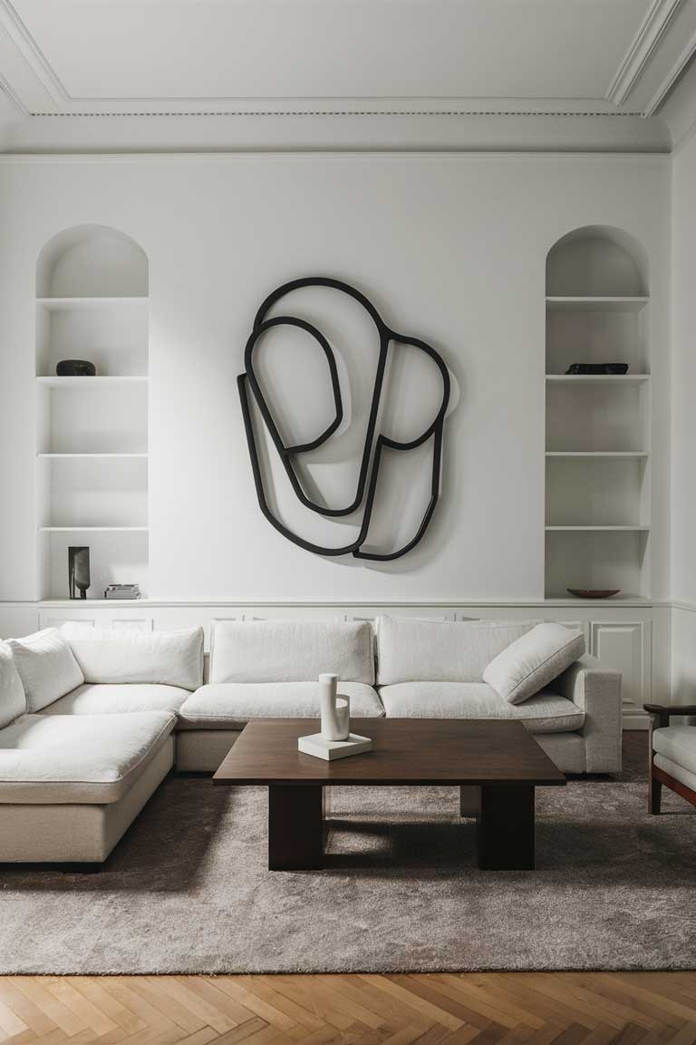 A minimalist living room with white walls featuring a large, abstract metal wall sculpture as the main decorative element.