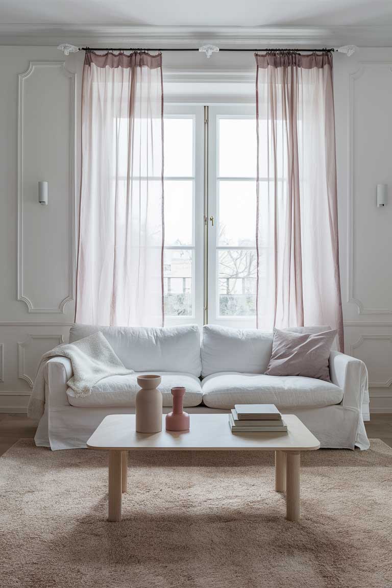 A minimalist living room with white walls and a white sofa, featuring sheer pastel curtains framing a large window. A light wood coffee table holds a few pastel accessories, with a soft beige rug underfoot.