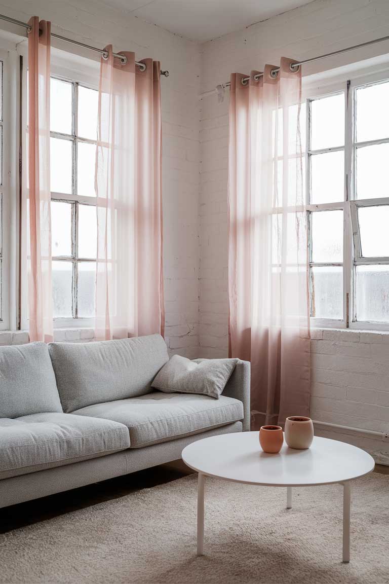 A minimalist living room with white walls and a light gray sofa, positioned to take advantage of the natural light streaming in through large windows. Sheer pastel curtains filter the sunlight, and a round, white coffee table holds a few pastel decor items.