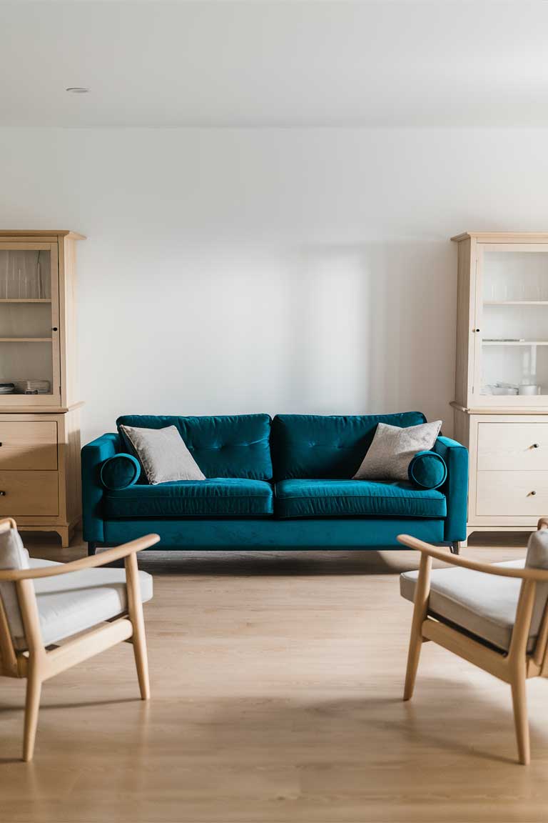 A minimalist living room featuring a teal velvet sofa as the centerpiece, surrounded by white and light wood furniture.