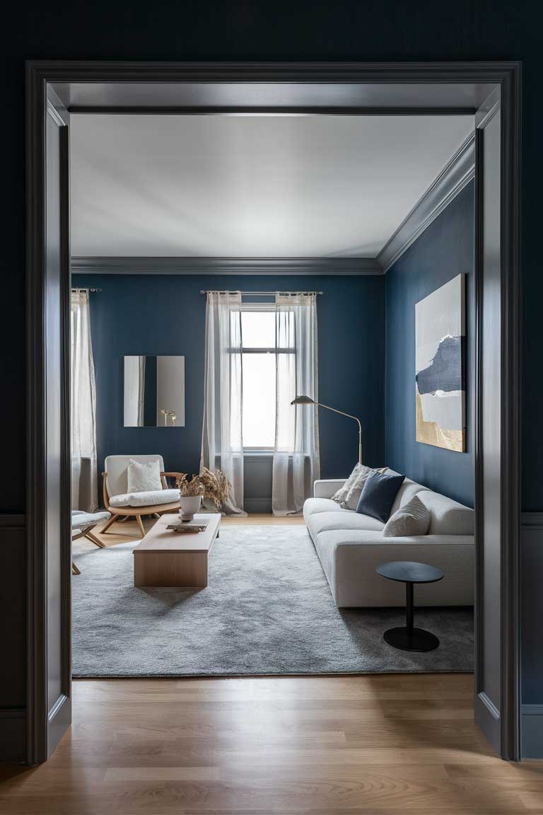 A minimalist navy blue living room. Navy blue walls provide a sophisticated backdrop for a white low-profile sofa and a light wood coffee table. A large abstract painting in shades of navy, white, and gold hangs on one wall. Texture is added through a soft gray area rug and various throw pillows. A sleek floor lamp provides additional lighting, while sheer curtains allow natural light to filter in. The room appears spacious, calm, and inviting, embodying the essence of navy blue minimalism.