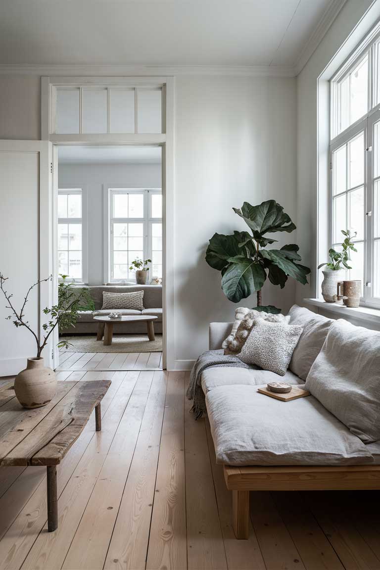 A wide-angle shot of a completed minimalist organic living room. The space features light wood floors, white walls, and large windows letting in plenty of natural light. A linen sofa is adorned with a few textured pillows and a wool throw. A reclaimed wood coffee table holds a ceramic vase with a single branch. A large fiddle-leaf fig tree adds a burst of green in one corner. The room feels open, airy, and deeply connected to nature, embodying the essence of minimalist organic design.