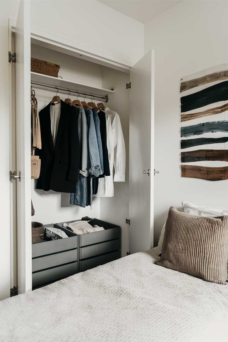 A tiny bedroom with a capsule wardrobe visible through an open closet door. Inside, a few carefully chosen clothing items hang neatly, with a small set of drawers below. The room itself features a simple bed and a single piece of wall art.