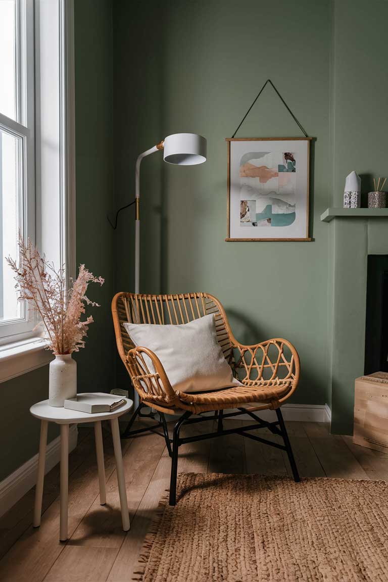 A minimalist rattan accent chair in the corner of a sage green room.