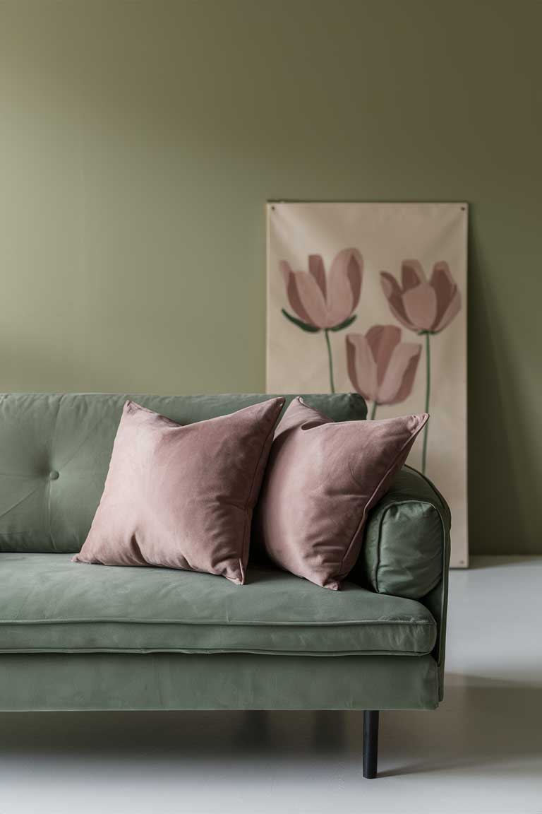 A minimalist sage green sofa with dusty pink throw pillows.