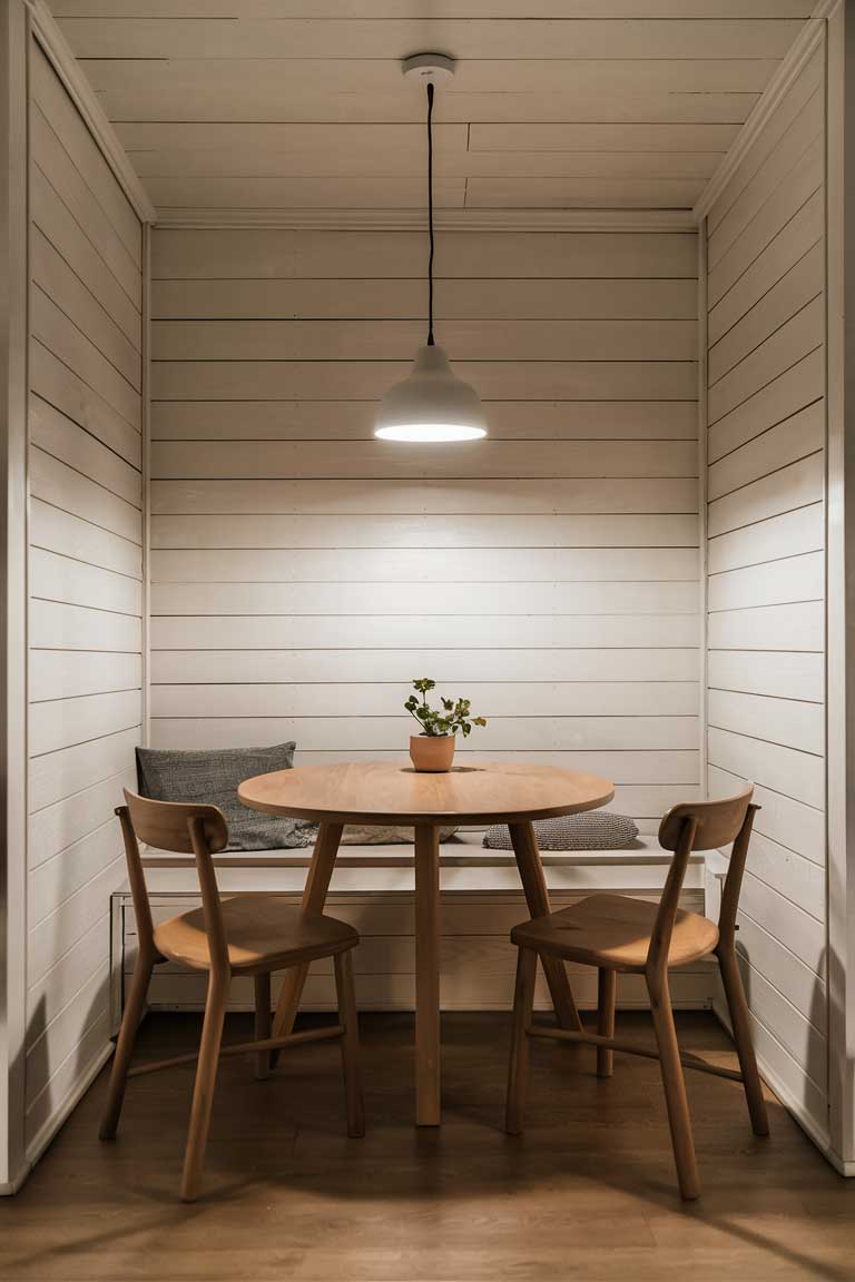 A minimalist Scandinavian dining nook with a round wooden table, two simple wooden chairs, and a single pendant light overhead. The walls are white, and a small potted plant adds a natural touch.