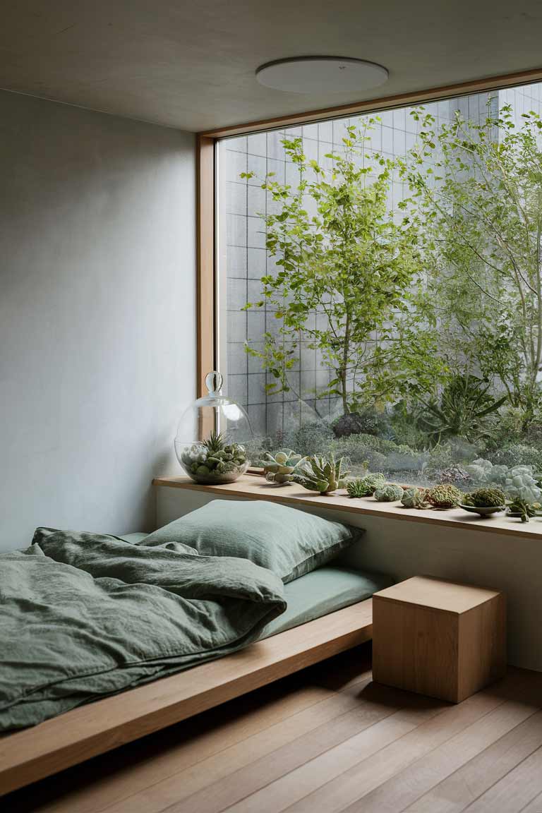 A minimalist tiny bedroom with a large window showcasing a succulent garden. The room features a low wooden bed with sage green bedding, a simple wood nightstand, and a glass terrarium filled with small succulents on the windowsill.