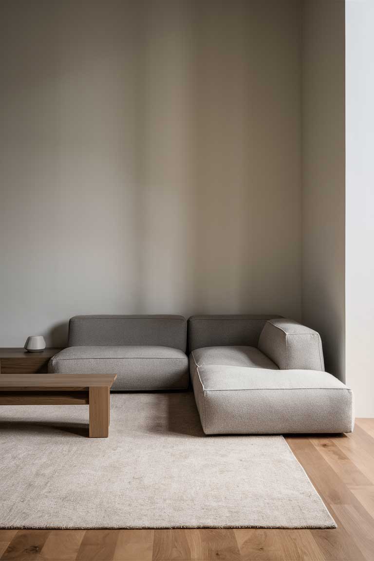 A minimalist living room with a low-profile light gray sectional sofa, a slim wooden coffee table, and a large neutral area rug. The furniture's clean lines and low height make the room feel more spacious.