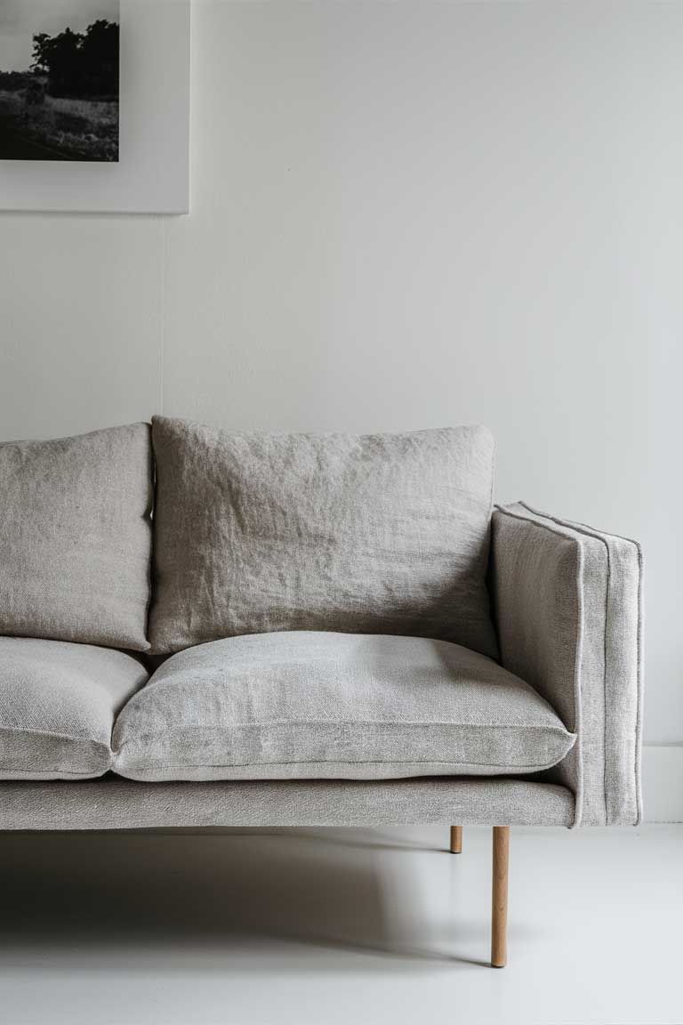 A minimalist sofa with clean, straight lines and light-colored linen upholstery. The sofa has thin wooden legs, adding to its light appearance.