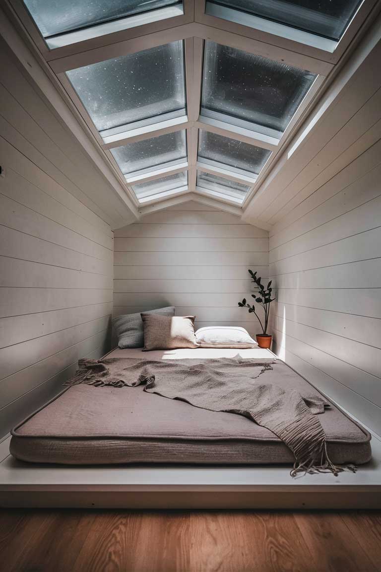 A minimalist tiny house bedroom with a floor bed. The bed is a simple mattress on a low platform, dressed in soft, neutral linens. Above the bed is a large skylight, allowing for stargazing. The walls are white, and there's a single potted plant in the corner. The room has a serene, zen-like atmosphere.