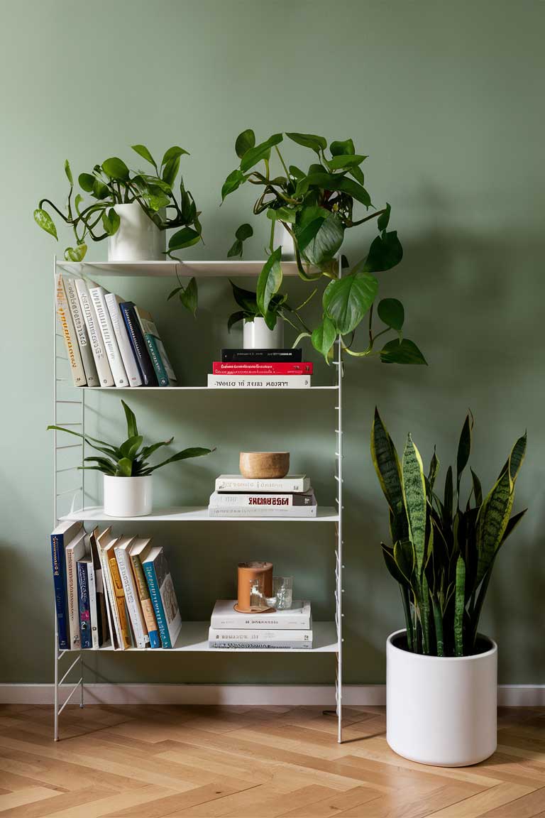 A minimalist white bookshelf against a sage green wall, featuring a mix of books and low-maintenance plants like snake plants and pothos in simple white pots.