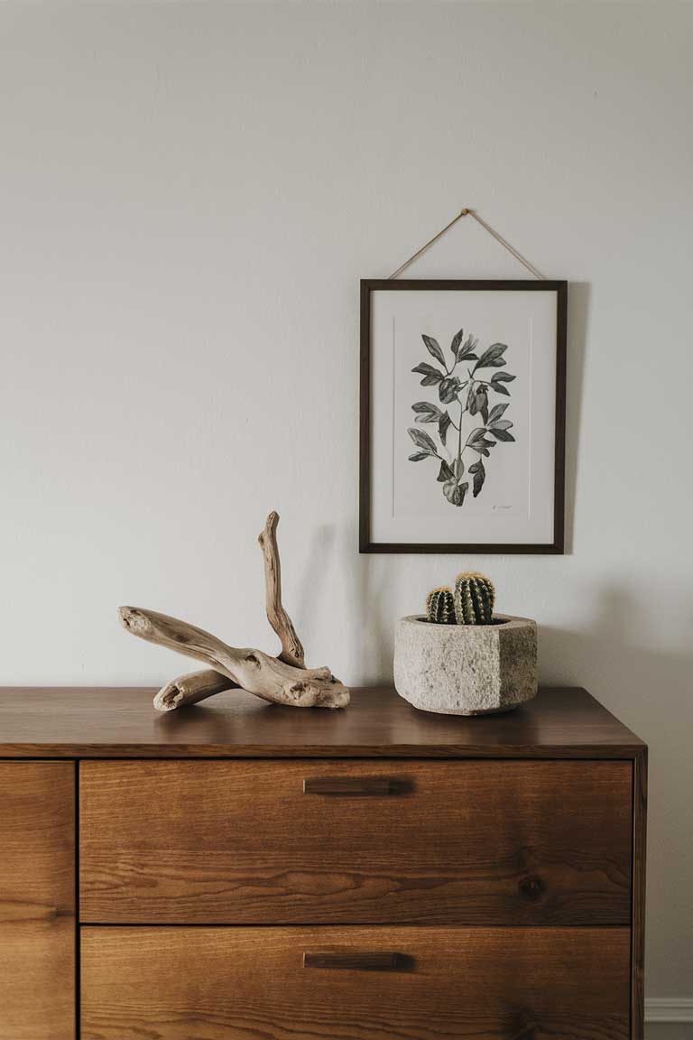 A minimalist wooden console table against a white wall. On the table, a small piece of driftwood serves as a natural sculpture. Beside it, a stone planter holds a small cactus. Above the console, a framed botanical print hangs on the wall. The arrangement is simple yet striking, bringing outdoor elements inside in an artistic way.