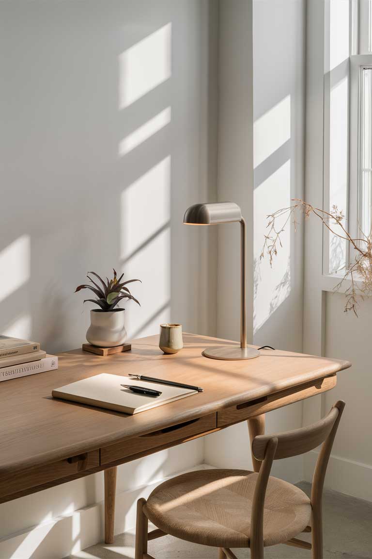 A minimalist wooden desk against a white wall, featuring a single potted plant, a sleek lamp, and a carefully arranged notebook and pen. Natural light casts subtle shadows, emphasizing the clean lines and purposeful arrangement.