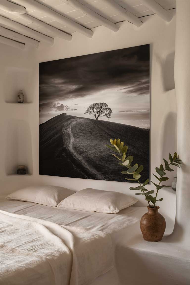 A tiny bedroom with white walls featuring a single, large-scale black and white photograph above the bed. The only other decor is a simple ceramic vase with a single stem on a floating shelf.