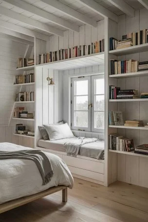 A Scandinavian-inspired small bedroom with white-washed walls and light wooden floors. A built-in window nook serves as both a cozy reading corner and extra sleeping space. Floating shelves display minimalist decor and books. The bed features a simple wooden frame with crisp white linens and a soft gray throw.