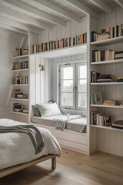 17 Modern Tiny House Bedroom Ideas You Can't Miss 22 A Scandinavian-inspired small bedroom with white-washed walls and light wooden floors. A built-in window nook serves as both a cozy reading corner and extra sleeping space. Floating shelves display minimalist decor and books. The bed features a simple wooden frame with crisp white linens and a soft gray throw.