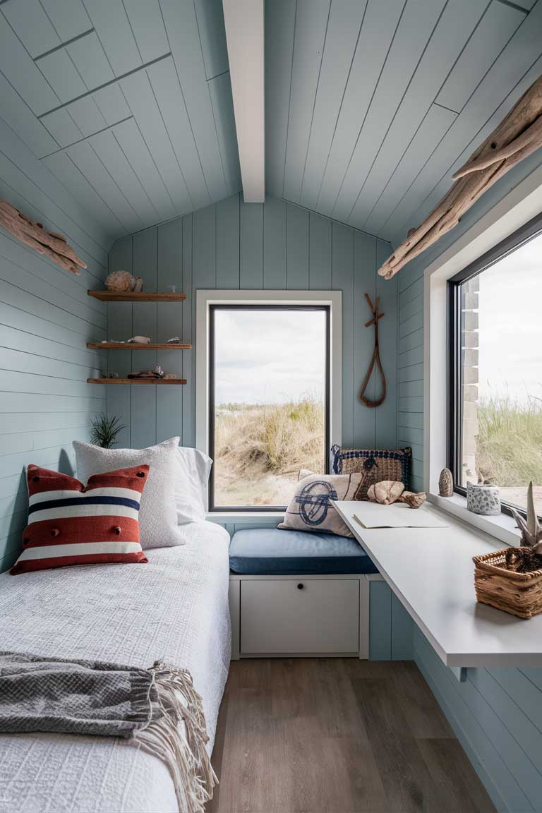 a modern tiny house bedroom with a coastal retreat theme