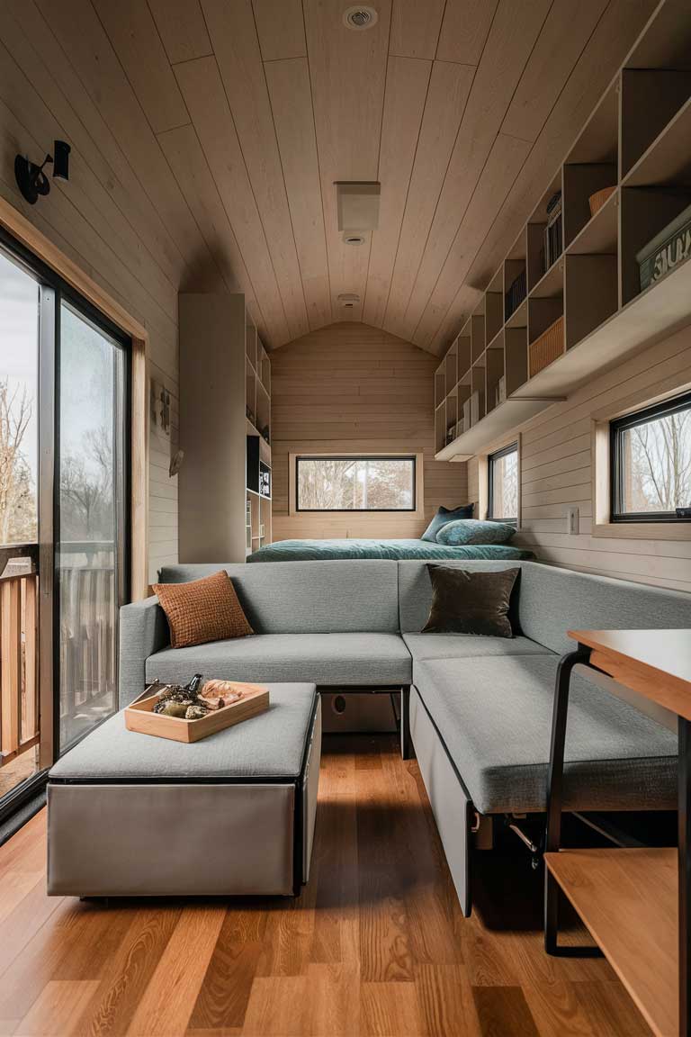 A modern tiny house living area showcasing multi-functional furniture. A sleek sofa unfolds into a bed, while a coffee table with hidden storage doubles as an ottoman.. Modular shelving units line one wall, offering customizable storage and display space.