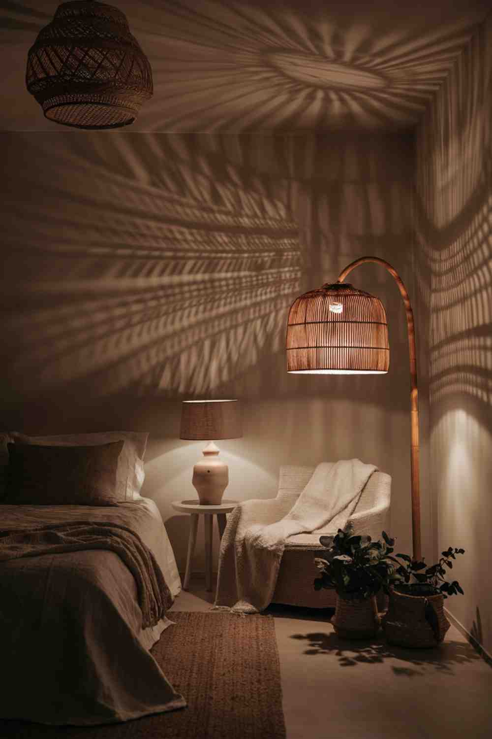 A nighttime shot of a minimalist boho bedroom corner. A large rattan floor lamp casts a warm, ambient glow over the space. On the bedside table, a simple ceramic table lamp with a linen shade provides task lighting. Hanging from the ceiling is a woven pendant light, creating interesting shadows on the walls. The layered lighting creates a cozy, inviting atmosphere in the room.