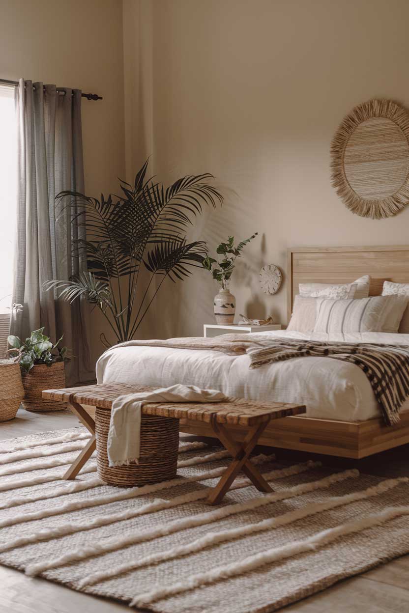 A minimalist bedroom with natural textures