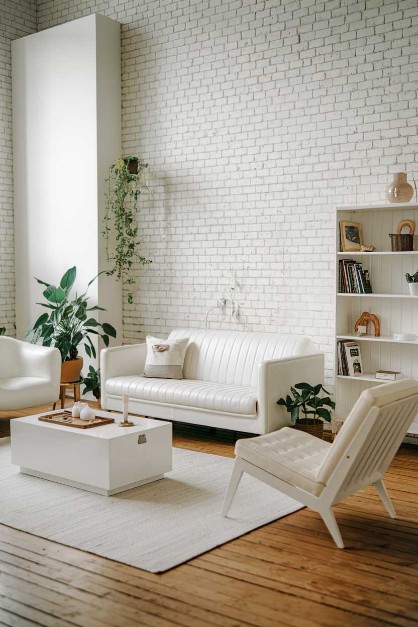 A minimalist white farmhouse living room. There is a white sofa with a few cushions, a white chair, a white coffee table, and a white bookshelf. There are also a few plants in the room. The floor is made of wood. The walls are made of brick.