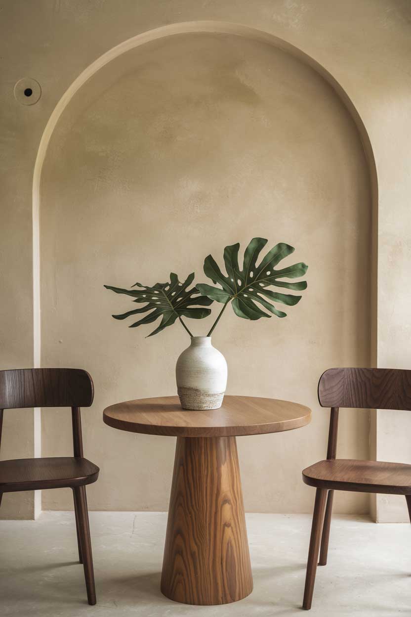 A photo of a natural minimalist interior design idea. There is a wooden table with a single white vase in the middle. The vase holds a few green plants. There are two wooden chairs on either side of the table. The background is a beige wall with a few holes