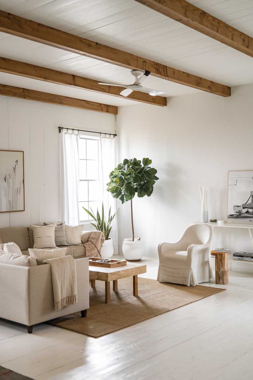 A white minimalist farmhouse living room with a wooden beam ceiling. There is a beige couch, a white chair, and a coffee table in the middle of the room. A plant stands near the window. The walls and floors are white. A rug is placed beneath the furniture.