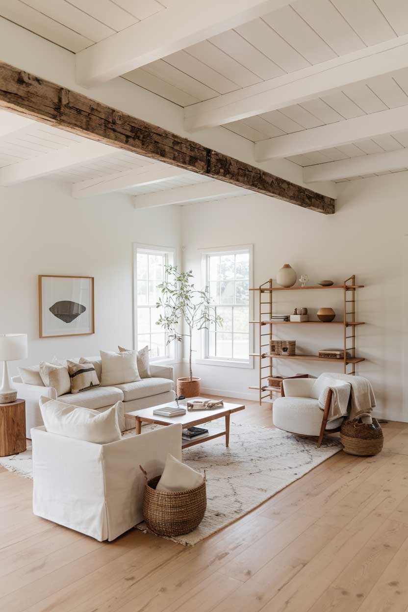 A white minimalist farmhouse living room. The room has a sofa, a chair, a coffee table, and a bookshelf. The walls and the ceiling are white. There is a wooden beam across the ceiling. The floor is made of light wood. A plant is placed near the window. A rug is placed under the furniture. The room has a few items, including a lamp, a vase, and a basket.