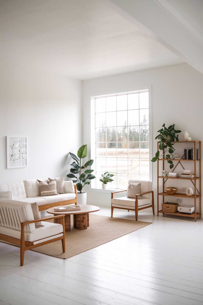 A white minimalist farmhouse living room. The room has a few pieces of furniture, including a sofa, a chair, a coffee table, and a bookshelf. There is a large window with a view of the outdoors. The walls and floors are white. The furniture is made of wood. There are a few potted plants in the room.