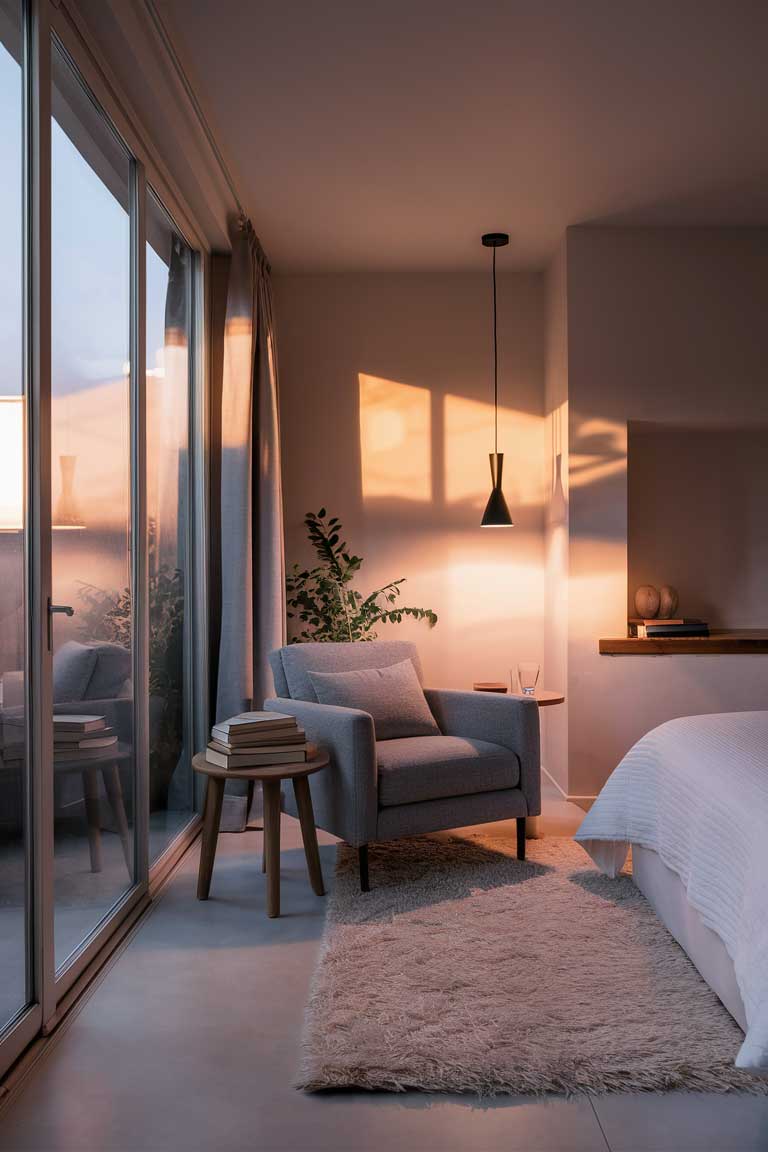 A corner of a minimalist bedroom featuring a modern, grey upholstered armchair next to a floor-to-ceiling window. A simple side table holds a book and a glass of water, creating a cozy reading nook.