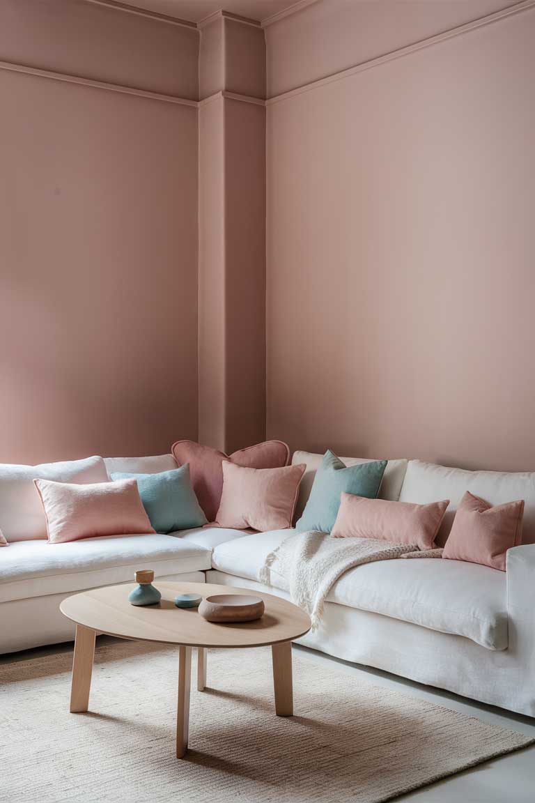 A minimalist living room with soft pink walls, a white sofa, and a light wood coffee table. Pastel-hued throw pillows and a few decorative objects on the coffee table create a sense of visual harmony, while the neutral white sofa and rug allow the pastel elements to shine.