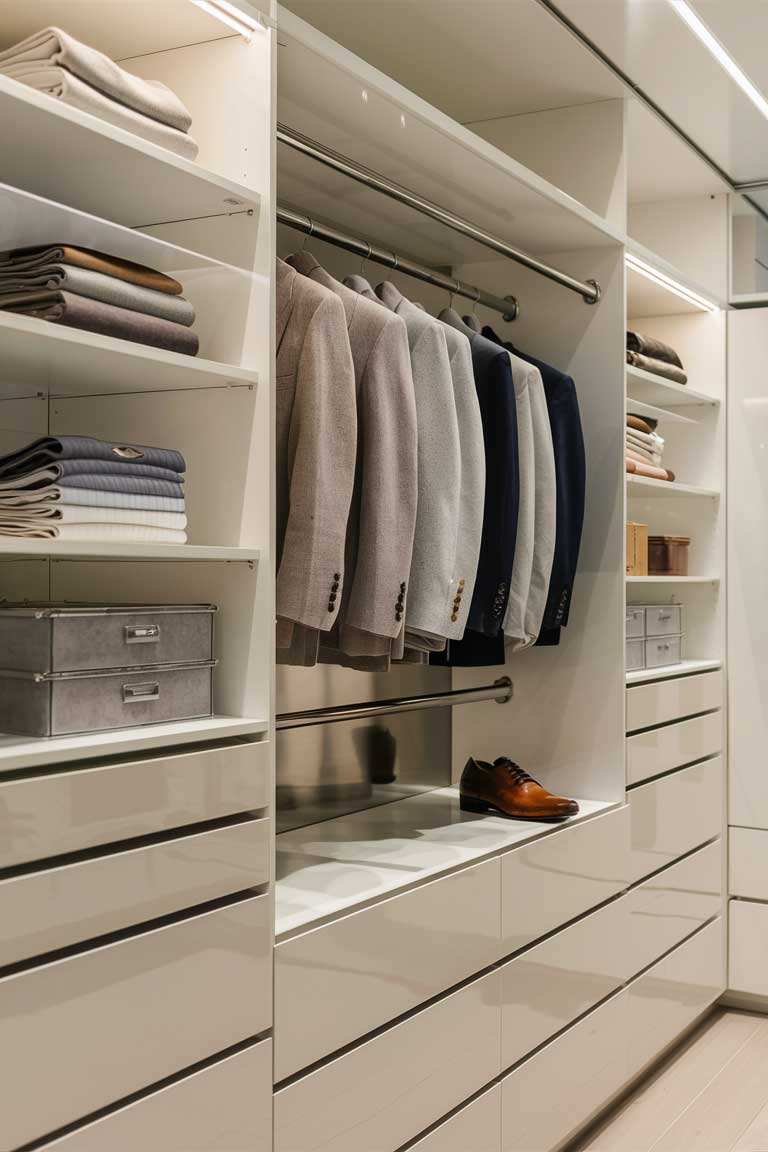 An open closet with a sleek, built-in organization system. White shelves and drawers provide ample storage, while a clothes rail showcases a carefully curated selection of garments in neutral tones.