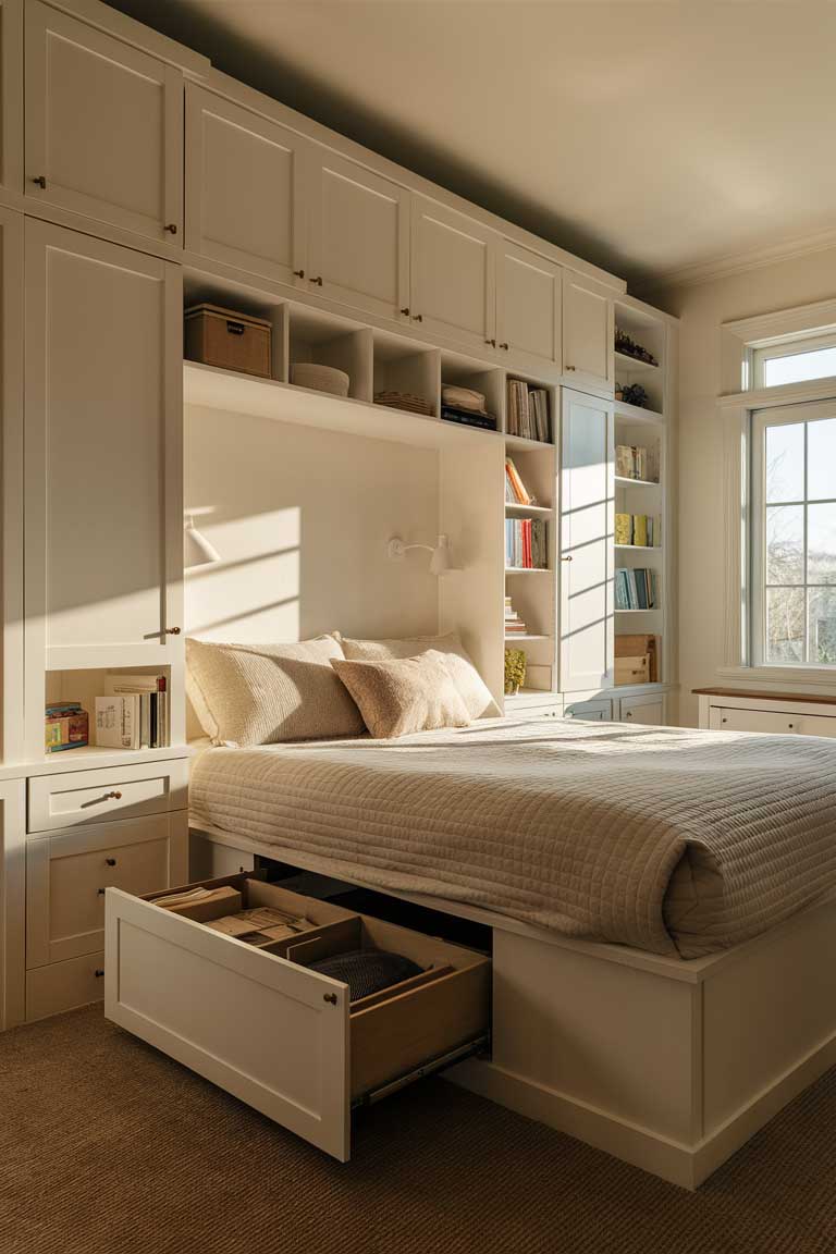 A small bedroom. The bed has storage compartments. A bedside table has a top that lifts to reveal more storage inside. The room looks tidy and organized, with no clutter in sight.