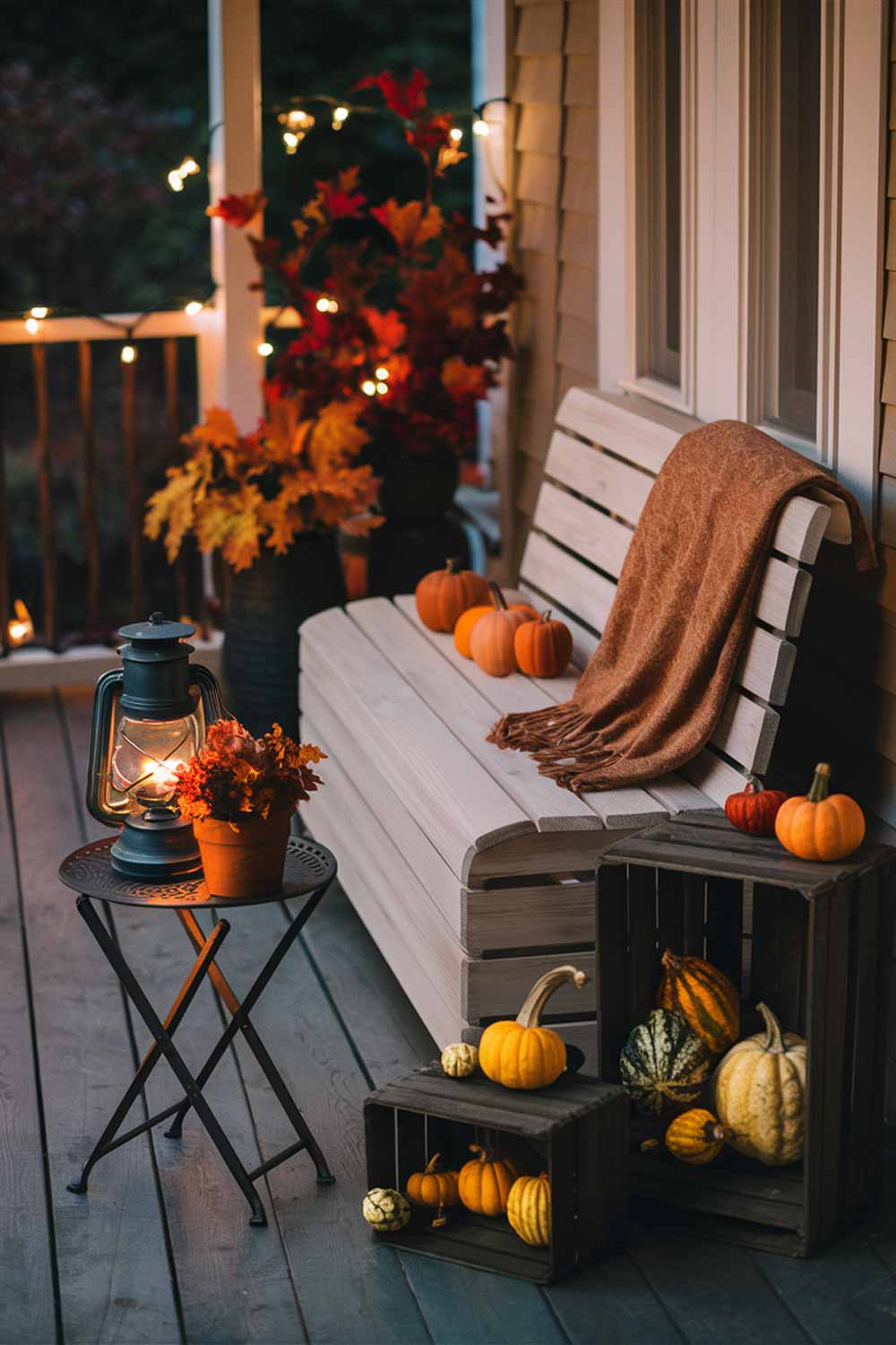 A compact porch featuring a sleek wooden storage bench with an autumn-colored throw blanket and a few small pumpkins on top. Next to it, two stacked wooden crates display an array of gourds and mini pumpkins. A slim, foldable metal side table holds a lantern and a small potted fall plant.