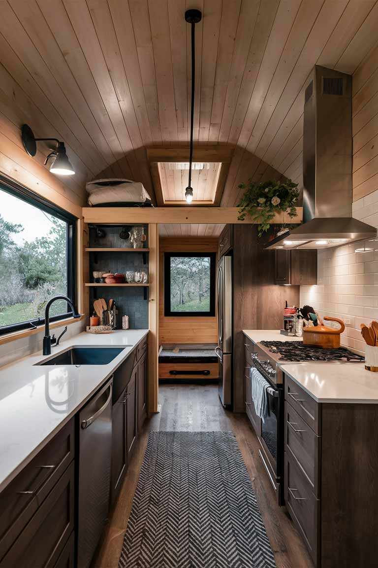 A quartz countertop installed in a tiny home kitchen.