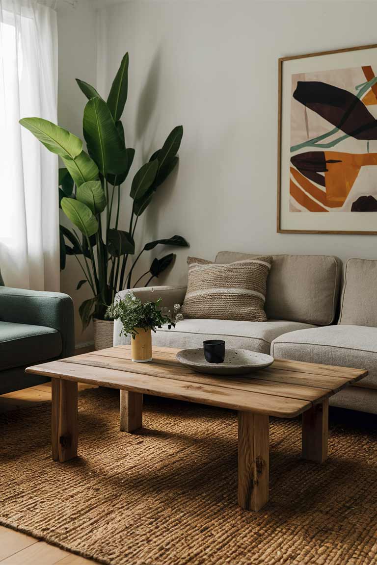 A reclaimed wood coffee table with clean lines, placed on a jute rug in a minimalist living room setting.